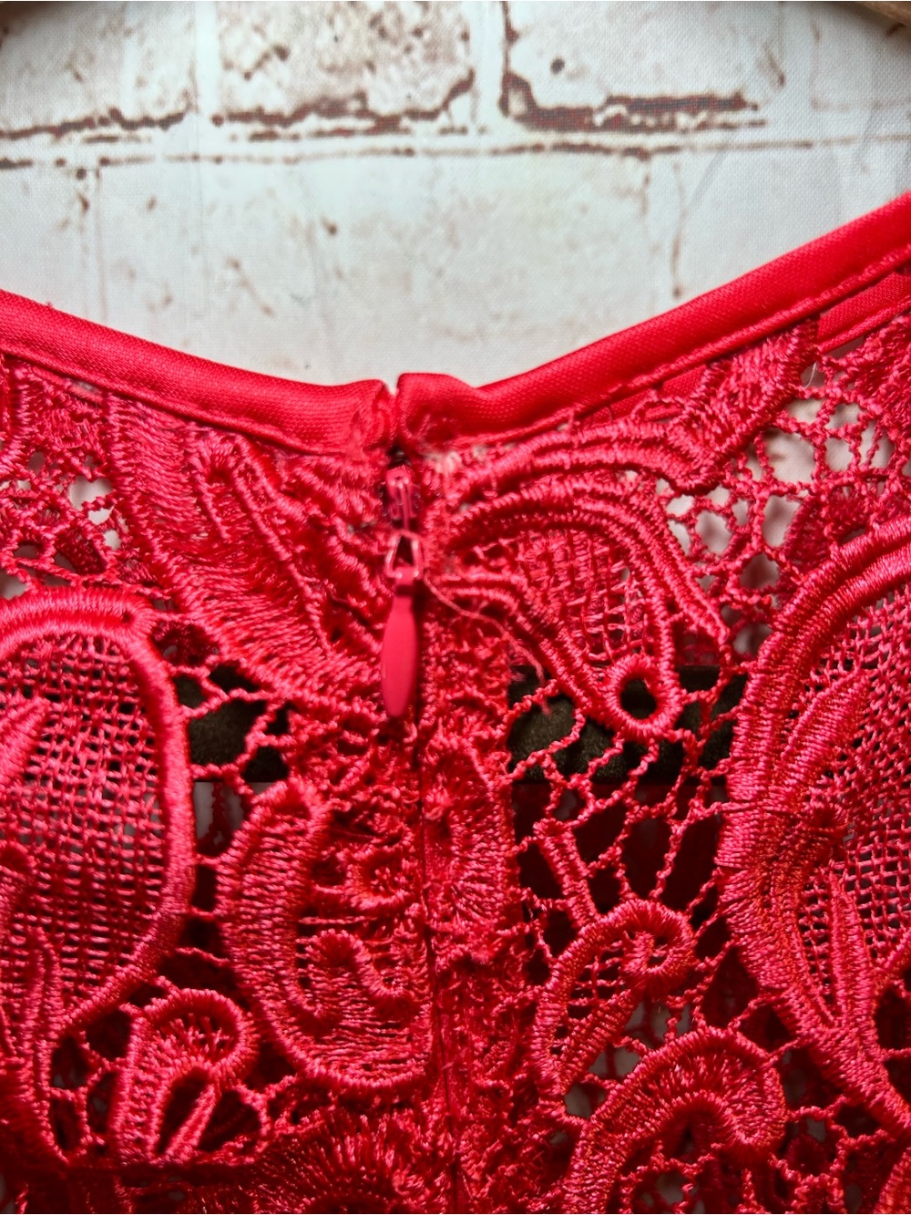 Sténay Coral Red Guipure Lace Sheath Dress Scalloped Elegant Cocktail Chic Midi - Picture 5 of 9